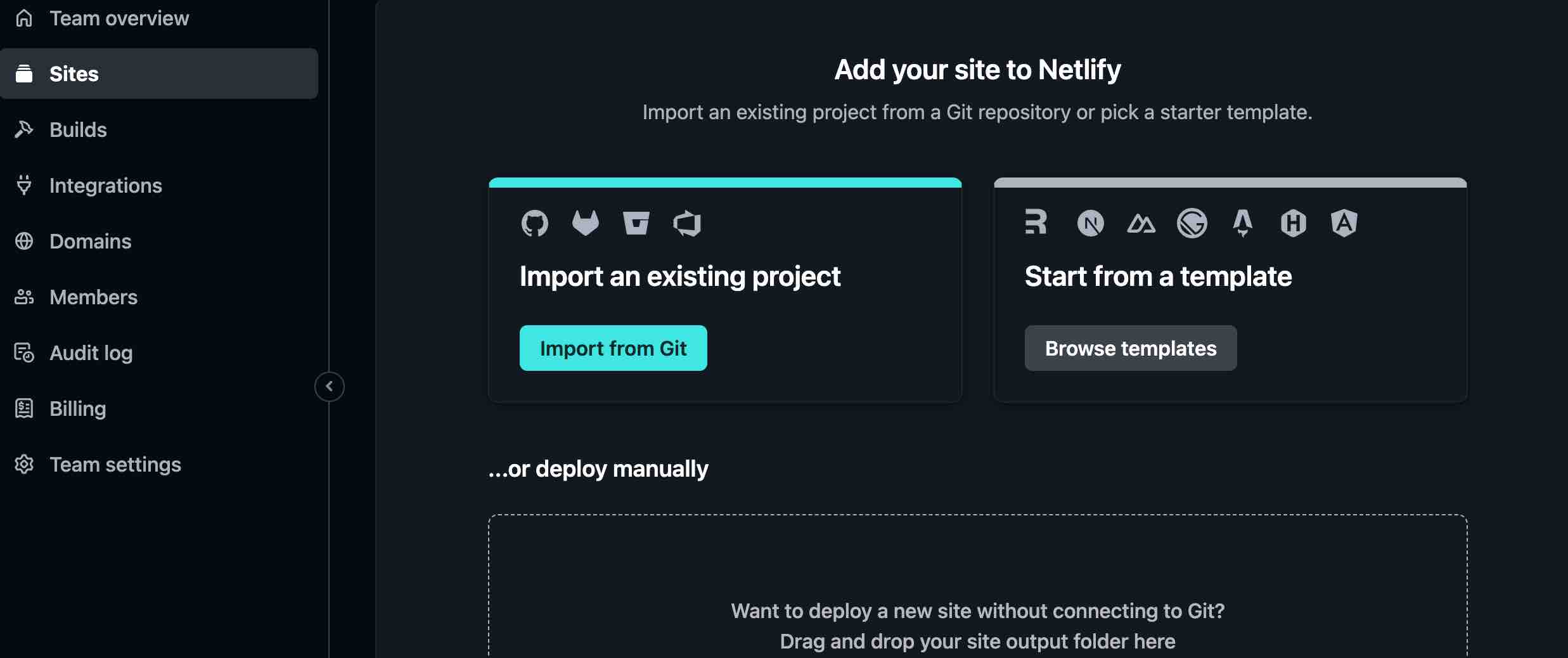 Create new site using Import from Git